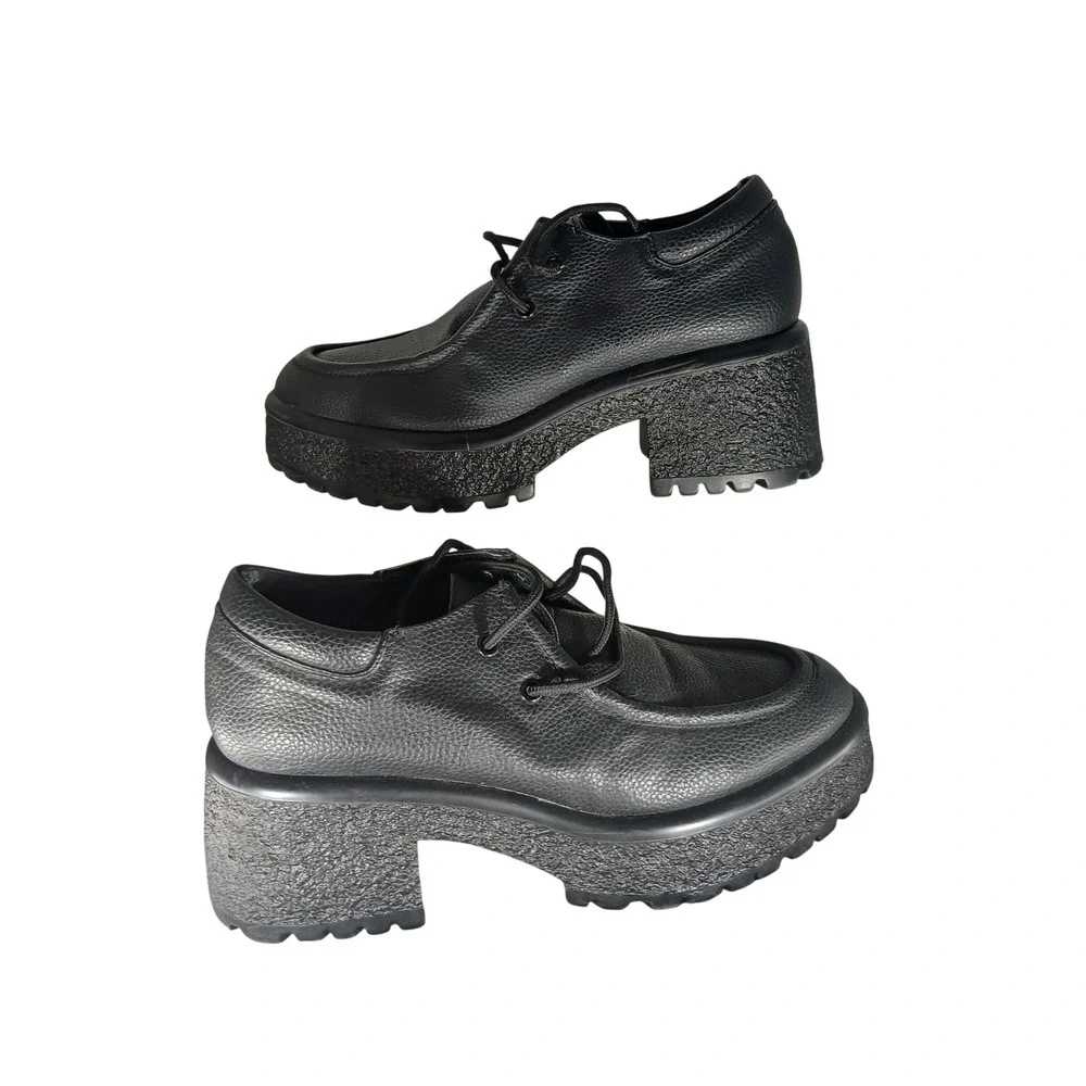 Bershka Womens Black Pebbled Platform Oxford Chunky Block Heel Shoes 39 1666/660